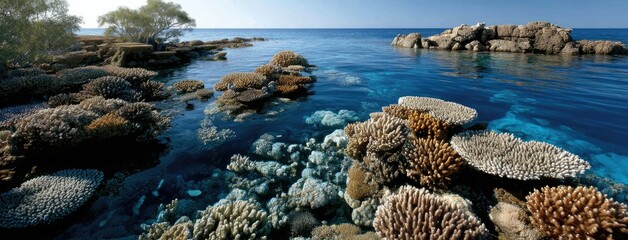 Vibrant coral reefs and serene islands create captivating views over the Great Barrier Reef in Australia during midday with clear blue waters and natural beauty