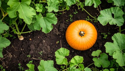 Obraz premium Wide-angle shot of a pumpkin in a vegetable garden, overcast sky with soft ambient lighting, no sun on the horizon, no flares or highlights, top-down perspective, rich soil texture, surrounded by gree