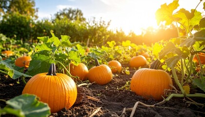 Obraz premium Pumpkin resting on moist earth during foggy dawn, flat exposure, no sunlight, no horizon glow, all light is diffused, visible moisture on leaves and soil, muted warm colors, cinematic balance.