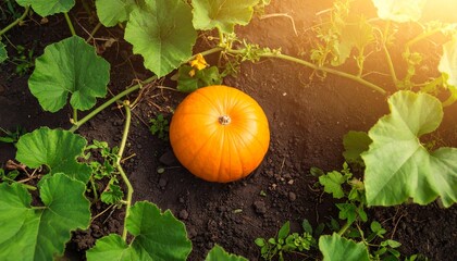 Obraz premium Wide-angle shot of a pumpkin in a vegetable garden, overcast sky with soft ambient lighting, no sun on the horizon, no flares or highlights, top-down perspective, rich soil texture, surrounded by gree