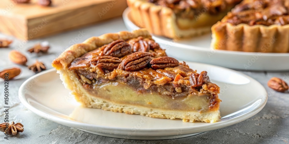 Poster a single slice of pecan pie with a flaky crust and a rich filling, sitting on a white plate surround