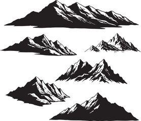 Mountain Silhouette Vector Set Black and White Hand-Drawn Peaks.