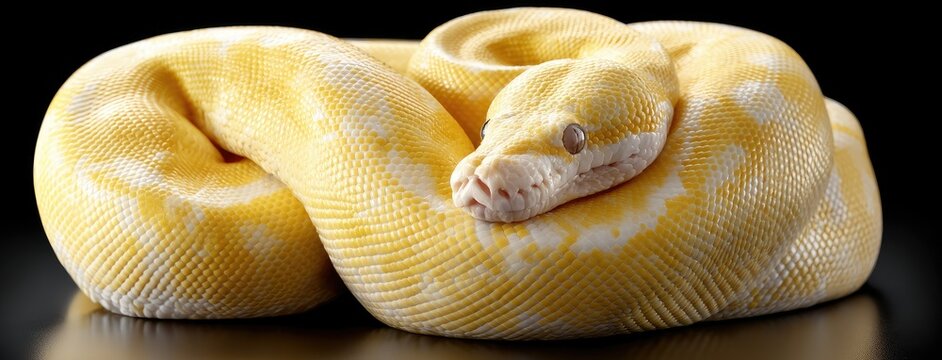 Yellow snake coiled up on a reflective black surface showcasing fine details in a hyper-realistic style