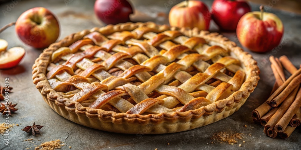 Poster a perfectly baked apple pie with a golden brown crust, surrounded by fresh apples and cinnamon stick