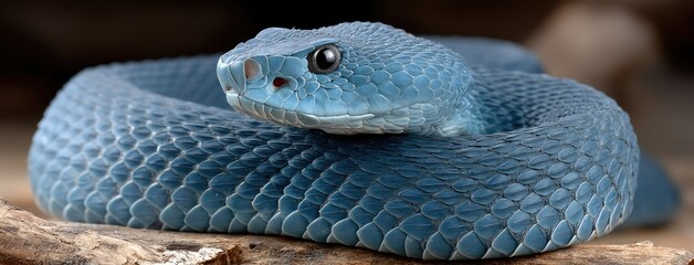 A stunning blue viper snake is elegantly coiled around a branch, striking a captivating pose amidst a softly blurred background
