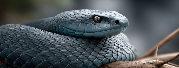 A stunning blue viper snake is elegantly coiled around a branch, striking a captivating pose amidst a softly blurred background