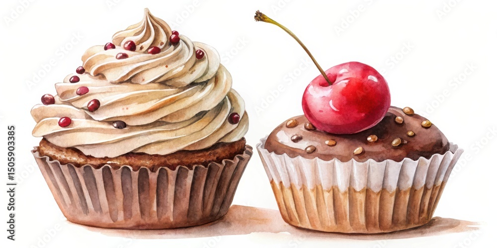 Poster a watercolor illustration of two cupcakes, one topped with swirls of vanilla buttercream frosting an