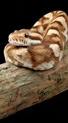 A stunning blue viper snake is elegantly coiled around a branch, striking a captivating pose amidst a softly blurred background