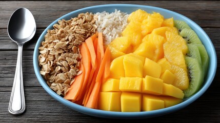 Colors and textures combine in a tantalizing fruit and granola bowl, creatively arranged for a delightful culinary experience