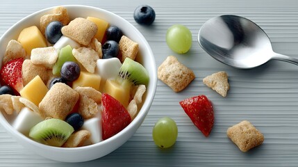 Colors and textures combine in a tantalizing fruit and granola bowl, creatively arranged for a delightful culinary experience
