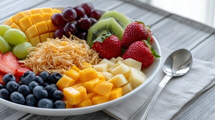 Colors and textures combine in a tantalizing fruit and granola bowl, creatively arranged for a delightful culinary experience
