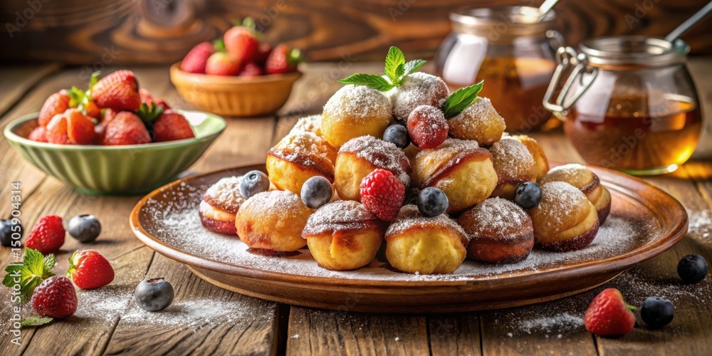 Poster a plate of freshly made mini pancakes topped with powdered sugar and fresh berries, surrounded by mo