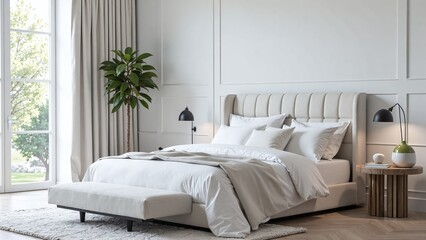 Modern bedroom interior design featuring soft upholstered headboard, white bed with pillows, elegant linen, clean decor