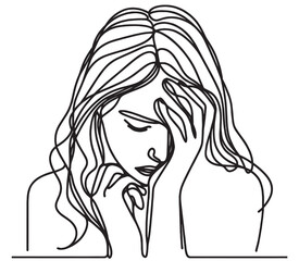 continuous single line drawing of sad woman covering her face with her hands, vector illustration isolated on white background