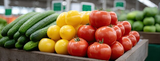 Vibrant display of fresh tomatoes and cucumbers on a bustling market stand amidst colorful fruits and vegetables in natural light