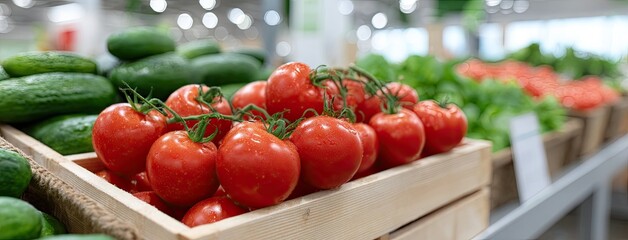 Vibrant display of fresh tomatoes and cucumbers on a bustling market stand amidst colorful fruits and vegetables in natural light