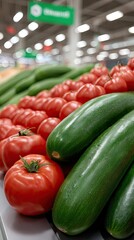 Vibrant display of fresh tomatoes and cucumbers on a bustling market stand amidst colorful fruits and vegetables in natural light