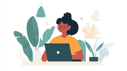 A woman seated at a desk working on a laptop.