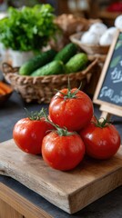 Vibrant display of fresh tomatoes and cucumbers on a bustling market stand amidst colorful fruits and vegetables in natural light