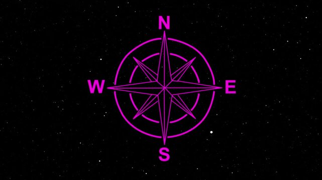 Animated neon compass rose floating against a starfield background for navigation