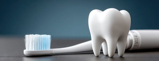 Dental model featuring a clean smile with blue toothbrushes for oral care education, showcasing macro photography and high-resolution details