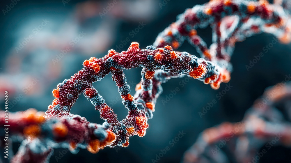 Poster hyperrealistic close-up of a colorful dna double helix structure, showcasing molecular complexity an