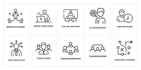 Premium Business Icons Set: Leadership, Remote Work, Virtual Meetings, UX, Time Management, Tech, Team Collaboration, Brainstorming, Strategy Planning