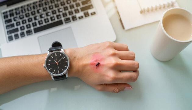 Insect bite on wrist with modern watch next to laptop and coffee cup on office desk
