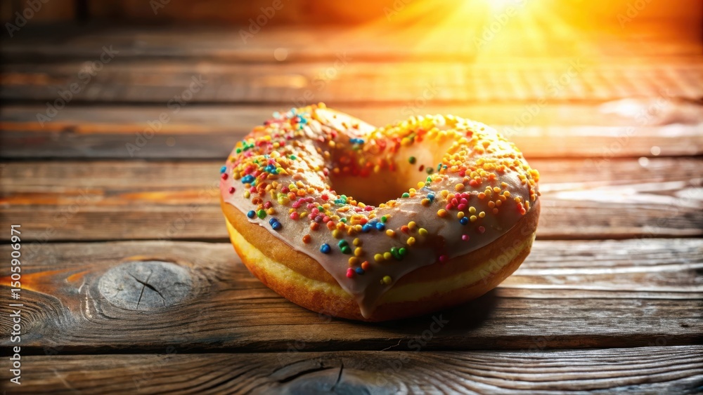 Poster A single frosted donut with colorful sprinkles sits on a wooden table with a warm glow of light behind it