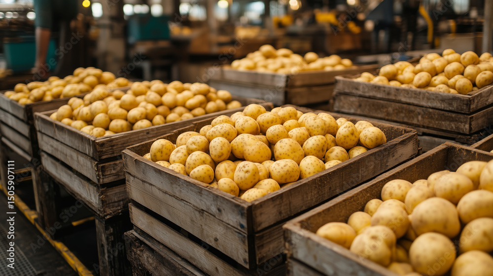 Poster processing potatoes in a lively factory floor during a bustling workday