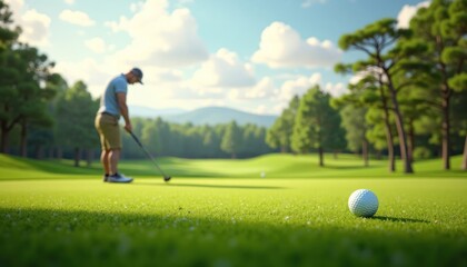Golf Ball and Golfer on Green Field Playing Golf