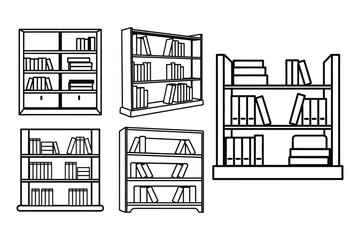 Set of bookshelves line art vector illustration on white background.