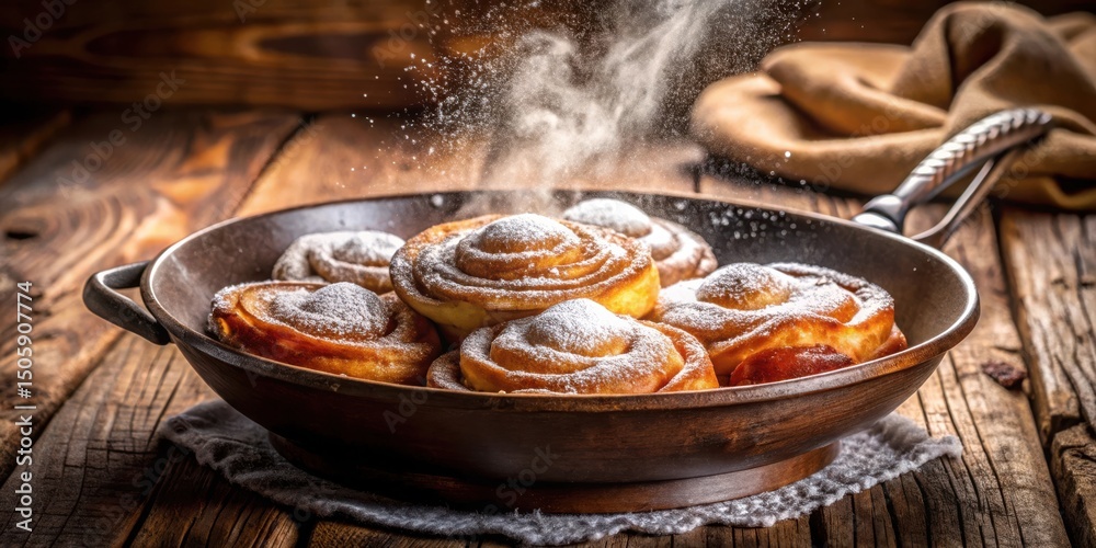 Poster sweet doughnuts with powdered sugar in a cast iron skillet on a rustic wooden table