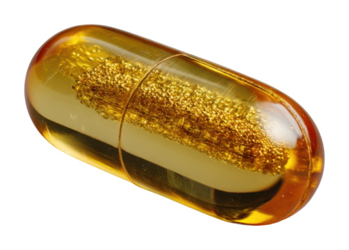 Golden capsule supplement laboratory product scientific environment view isolated on transparent background