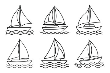 Set of sailboat, boat line art vector illustration on white background.
