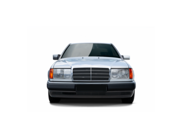 A front view of a classic silver luxury european sedan, highlighting its boxy design, chrome grille, and sturdy build. Isolated on transparent backgroud.