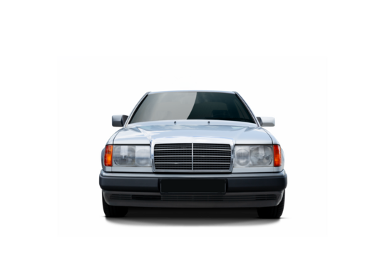A front view of a classic silver luxury european sedan, highlighting its boxy design, chrome grille, and sturdy build. Isolated on transparent backgroud.