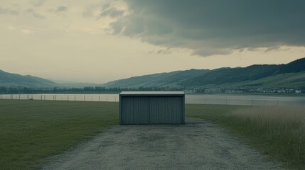 Gray Shed by a Lake, Cloudy Day, Rural Landscape, Suitable for Stock Photography