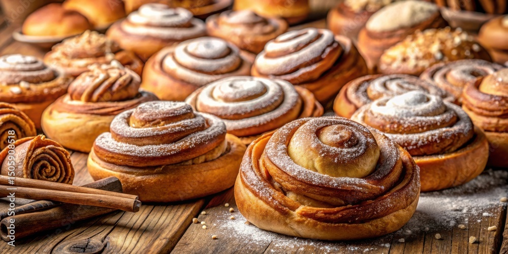 Poster A Close-Up of Freshly Baked Cinnamon Rolls with Powdered Sugar, Arranged on a Rustic Wooden Surface, Creating a Visually Appealing and Aromatic Scene