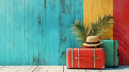 Colorful suitcases rest against a teal and yellow painted wooden wall.