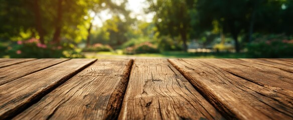 The rustic wooden surface with a serene garden view in the background.