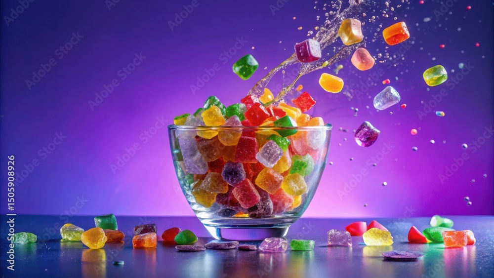 Poster a bowl of colorful candies with a splash of sugary water falling into the bowl with colorful candies