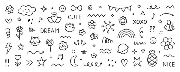 Cute kids elements, preschool kindergarten doodle icons set. Daycare, children drawings, flower, rainbow, cloud, sun, heart in sketch style. Hand drawn vector illustration isolated on white background