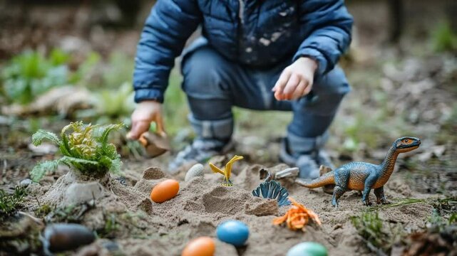 A young child engages in imaginative play with toy dinosaurs and colorful eggs in a sandy area, exploring creativity and outdoor fun in a natural environment.