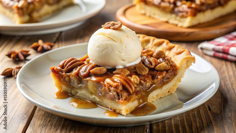 Poster a slice of pecan pie topped with a scoop of vanilla ice cream and drizzled with caramel sauce on a w