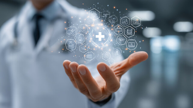 Innovative healthcare concepts showcased by a man's hand holding global symbols