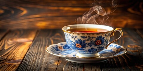 Obraz premium A Steaming Cup of Tea in a Delicate Porcelain Cup with a Floral Design, Rests on a Wooden Table, Emitting a Warm and Inviting Aroma
