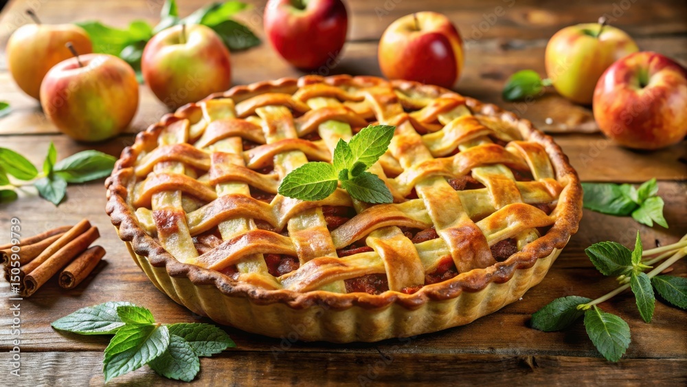 Aufkleber a golden-brown lattice crust apple pie surrounded by fresh apples and mint leaves, resting on a rust