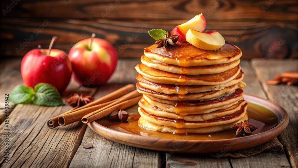 Poster a stack of golden brown pancakes drizzled with sweet syrup and topped with fresh fruit and aromatic 