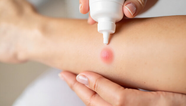 Applying cream on irritated skin with insect bite using tube in personal care routine